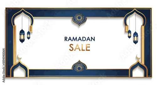Ramadan sale promotion banner with blue and gold design elements, featuring a star and moon, on a white background for e-commerce and business advertising.