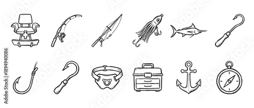 Collection of hand-drawn fishing equipment icons showing a rod, reel, lure, hook, anchor, and compass in a simple black and white sketch doodle illustration style