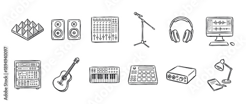 Hand drawn music production equipment icon set with various audio gear for a recording studio, including a mixer, microphone, guitar, headphones, and speakers in a sketch style