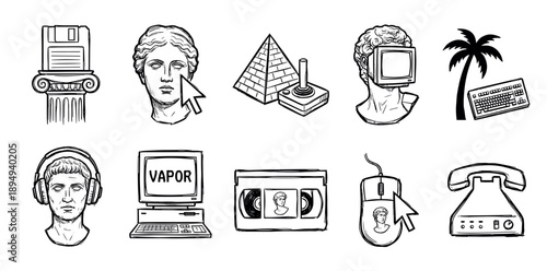 Collection of hand-drawn vaporwave style icons blending retro technology like computers and VHS tapes with classical Greek statues and pyramids in a surreal, monochrome sketch aesthetic