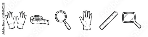 Collection of hand-drawn inspection tool icons including gloves, a measuring tape, ruler, and magnifying glasses presented in a simple black and white doodle sketch illustration