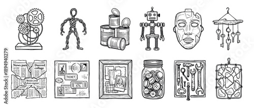 Hand-drawn set of various vintage objects including a robot, mask, gears, tools, keys, and tin cans, illustrated in a black and white ink sketch or doodle artistic style