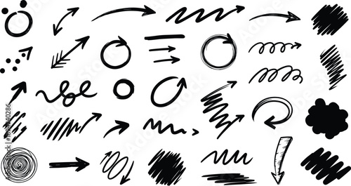 Expressive Hand-Drawn Doodles – Arrows, Circles, Spirals, and Scribbles for Creative Visual Emphasis and Informal Graphic Design Use