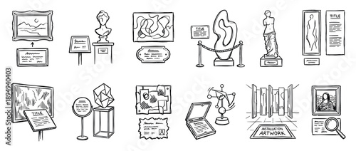 Set of hand-drawn museum exhibit icons including paintings, sculptures, and installation art in a black and white doodle style for cultural and educational concepts