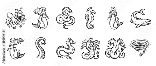 Set of hand-drawn mythological sea monster illustrations including a kraken, mermaid, hydra, and sea serpent in a black and white sketch style for fantasy or nautical themes