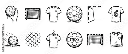 Collection of hand-drawn handball icons showing a sticky ball, goal, net, and player jersey in a black and white sketch doodle style for sports design elements
