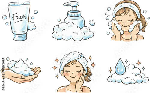 Facial Foam and Skincare Routine Clipart