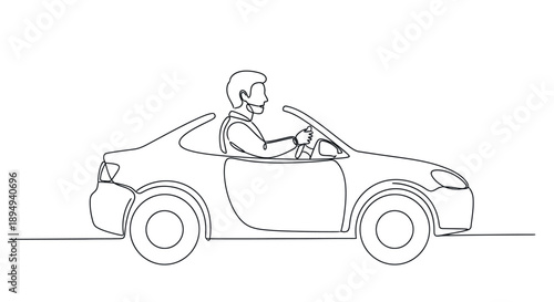 Man Driving Car Simple Line Art Illustration.
