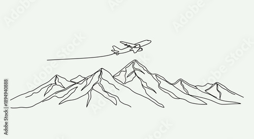 Single Line Drawing of Airplane Flying Over Mountains.
