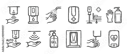 Hand-drawn hygiene and sanitation doodle icon set showing hand washing, automatic dispensers, sanitizer gel, and medical symbols for public health and safety concepts