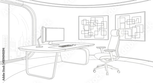 Office Desk with Computer and Chair Illustration.