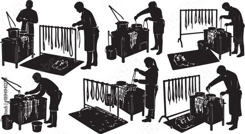 Silhouette of a man working with meat in kitchen