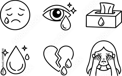Crying and Sadness Line Icon Set