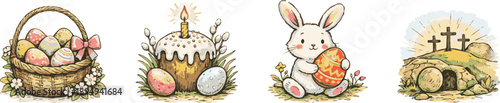 Easter Symbols Set with Bunny, Eggs and Resurrection Scene