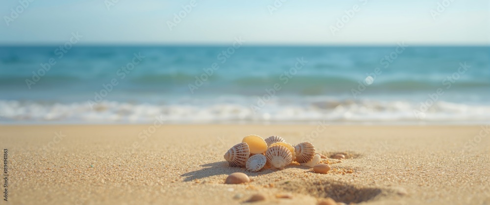 Obraz premium Beach scene featuring sea shells on the seashore with water, texture, and summer travel themes in white and sea colors