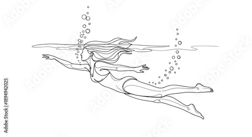 Woman Swimming Underwater with Flowing Hair.
