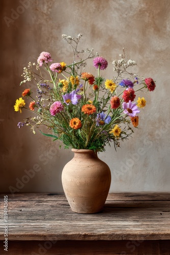 Wallpaper Mural Rustic clay vase with colorful wildflowers on wooden table against aged textured wall Torontodigital.ca