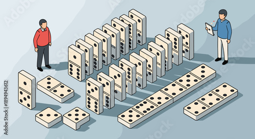 Strategic planning represented by two men standing near a large set of dominoes arranged in multiple rows on a grey surface for business logic.