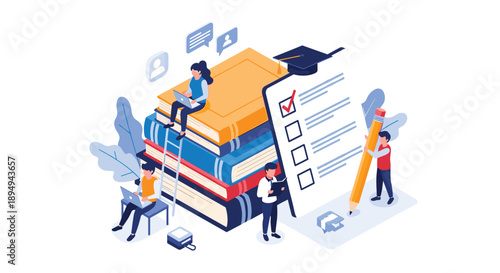 Students and educators interacting around a large stack of books and a test checklist topped with a graduation cap for academic success.