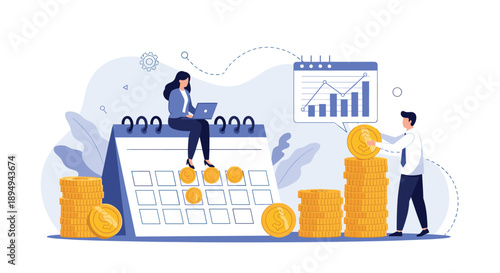 Financial planning and wealth building concept with professionals managing stacks of gold coins and a large calendar for monthly tracking.