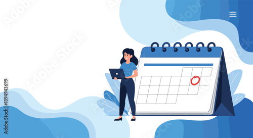 Event scheduling and deadline tracking shown by a woman with a laptop standing next to a large office calendar with a marked date.