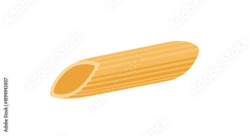 Close up illustration of a single piece of dry penne pasta with its characteristic ridges and slanted cut ends on a white background.