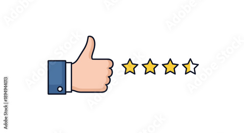 Customer feedback and quality rating concept showing a thumbs up gesture alongside four golden five-point rating stars.