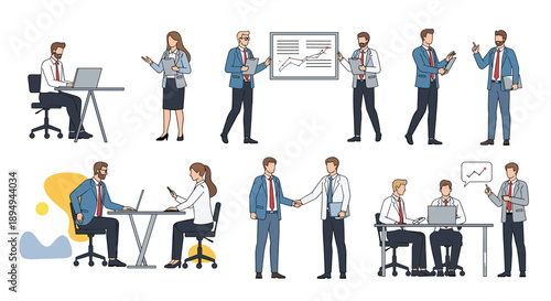 Diverse set of business people characters in various poses for corporate presentations and team design elements.