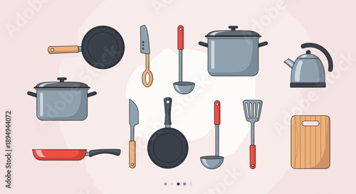 Comprehensive collection of various kitchen utensils and cookware including pots pans knives a kettle and a cutting board.