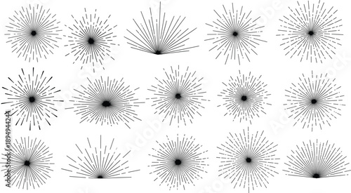 Radial Line Starburst Grid – Fifteen Symmetrical and Directional Patterns Featuring Central Dots and Varied Line Distribution for Design Use