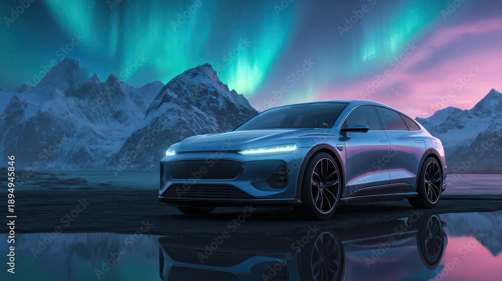 Naklejka premium Modern electric car under a magical aurora sky