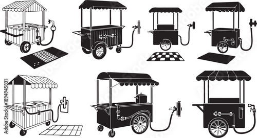 Various Food Cart Illustrations in Black and White Color