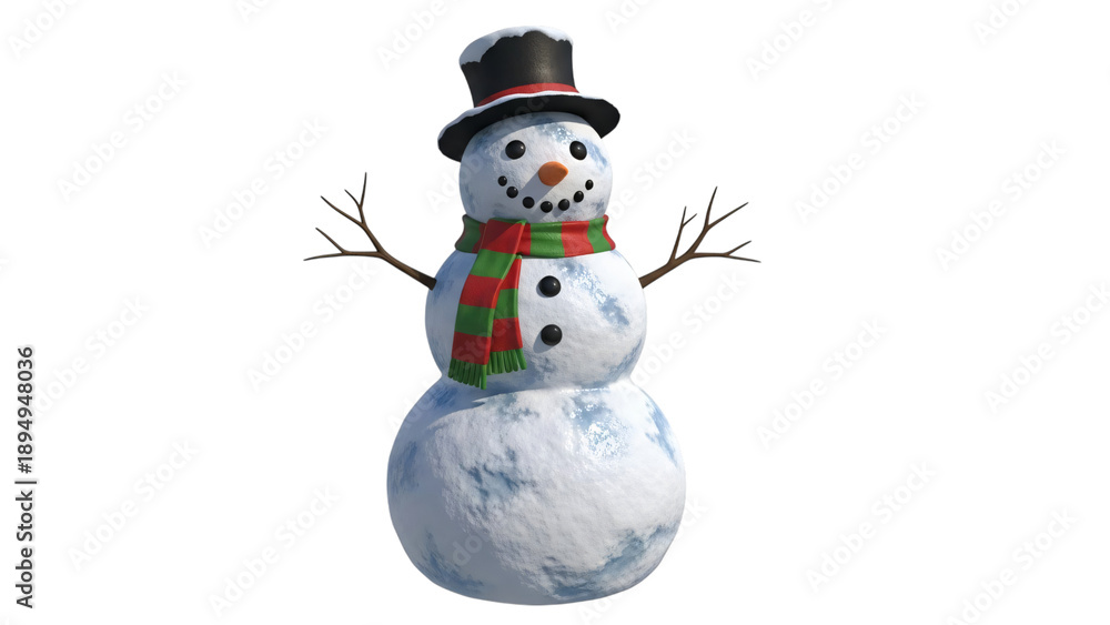 Fototapeta premium Snowman with hat and scarf standing in front of black background wearing.