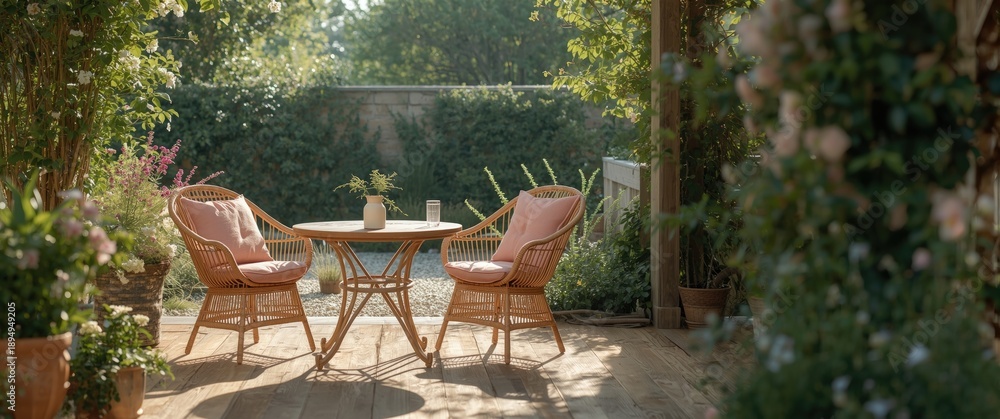 Obraz premium Exterior cafe setting featuring wooden chairs with pink cushions, a wooden table, all on a wooden floor in the garden