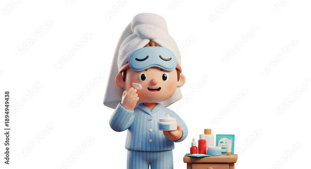 Fototapeta premium 3D character illustrating a relaxing nightly skincare routine, wearing a towel and eye mask, applying cream for self-care and beauty.