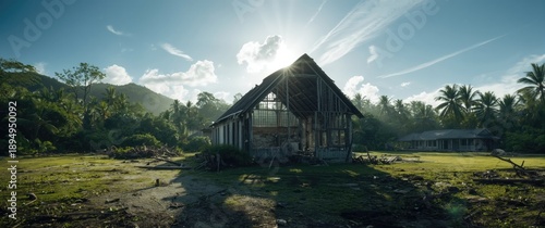 Panel kuchenny z motywem Destroyed homes aftermath of tropical cyclone on Aitutaki, South Pacific Island