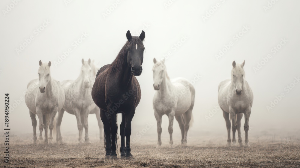 Obraz premium Majestic horses stand together in a dreamy mist