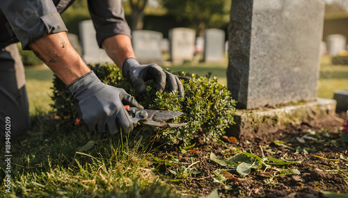 Attending to Grave in Cemetery: A Touching Scene of Remembrance and Respect. Man Tends to a Grave with Care, Maintaining the Final Resting Place
