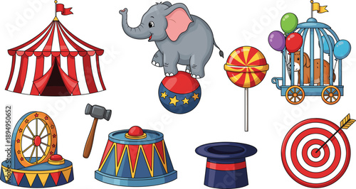 Circus Carnival Illustration Set with Elephant, Tent, Magic Hat, Target, Lollipop, Games, and Fun Fair Entertainment Elements for Kids Events