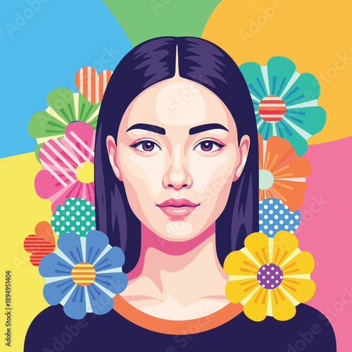 Asian woman portrait with colorful geometric flowers in flat pop art style