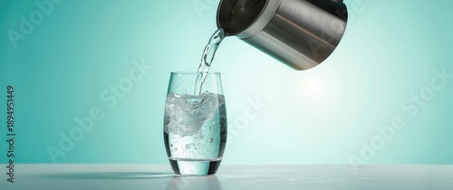 Jug pouring water into a glass in a close-up shot with a blue background