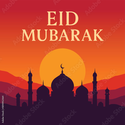 Eid Mubarak Sunset Mosque Silhouette With Crescent Moon And Warm Gradient Sky