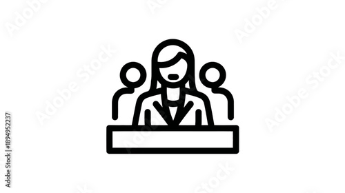 Public speaker delivering a presentation at a conference with an audience line icon. Seminar, lecture, or training event communication symbol.
