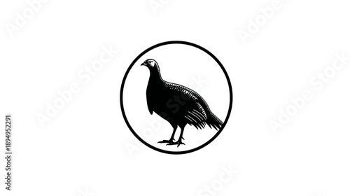 Minimalist black and white illustration of a game bird like a grouse or fowl, standing within a circular frame. Graphic design element.