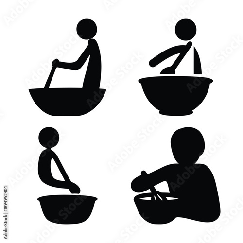 Illustrative silhouetted figures engaged in the act of mixing in bowls