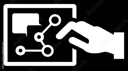 Hand Tapping Digital Network Communication Icon on Screen. Concept of Social Media, Data Connection, or Interactive Technology.