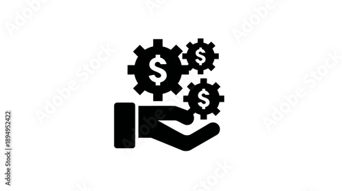 Financial Management & Business Process Icon. Hand with Gears & Dollar Signs Symbolizing Strategy, Cost & Income Optimization.
