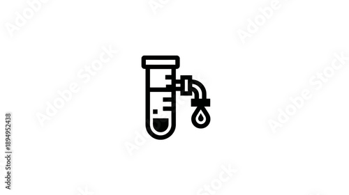 Minimalist vector icon of laboratory test tube with spigot and single dripping liquid drop, for science, chemistry, analysis, experiment.
