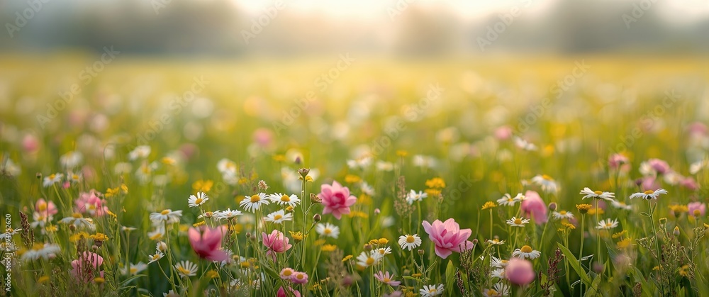Fototapeta premium Daisies and camellias blooming in a vibrant green field, perfect for natural postcard and wallpaper backgrounds with soft bokeh banner