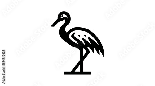 Elegant minimalist black vector icon illustration of a standing stork or crane bird on a white background, simple wildlife design
